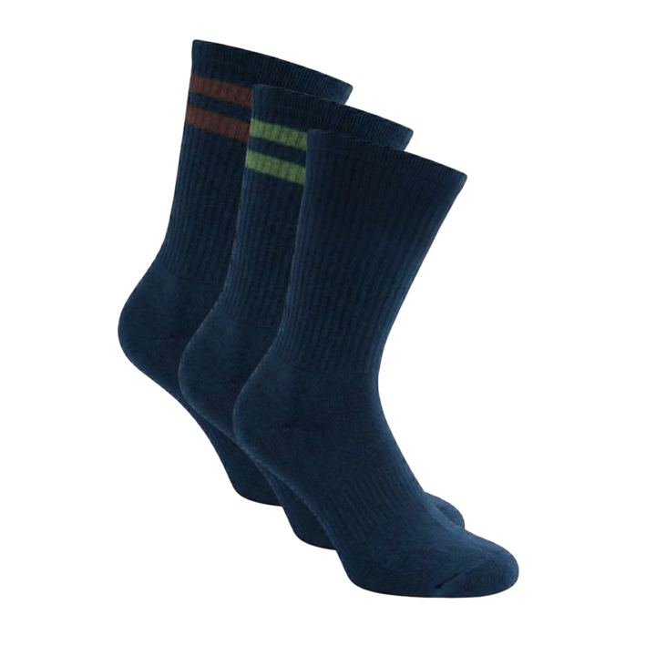 Sportsocken 3er Pack Blau Mix mit Streifen in klassische Höhe