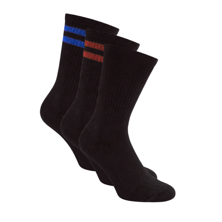 Sportsocken 3er Pack Schwarz Mix mit Streifen in klassische Höhe